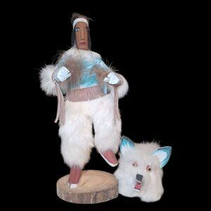Kachina Doll White Wolf Mask  Vintage Native American God Legend Folk Art TRGB